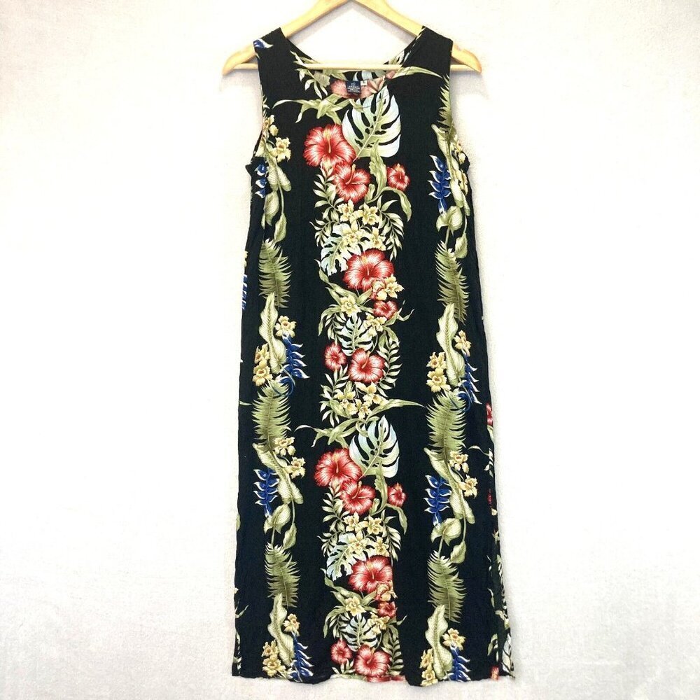 Hibiscus Collection Hawaii Midi Dress Small S Black Floral Tropical Resort Rayon